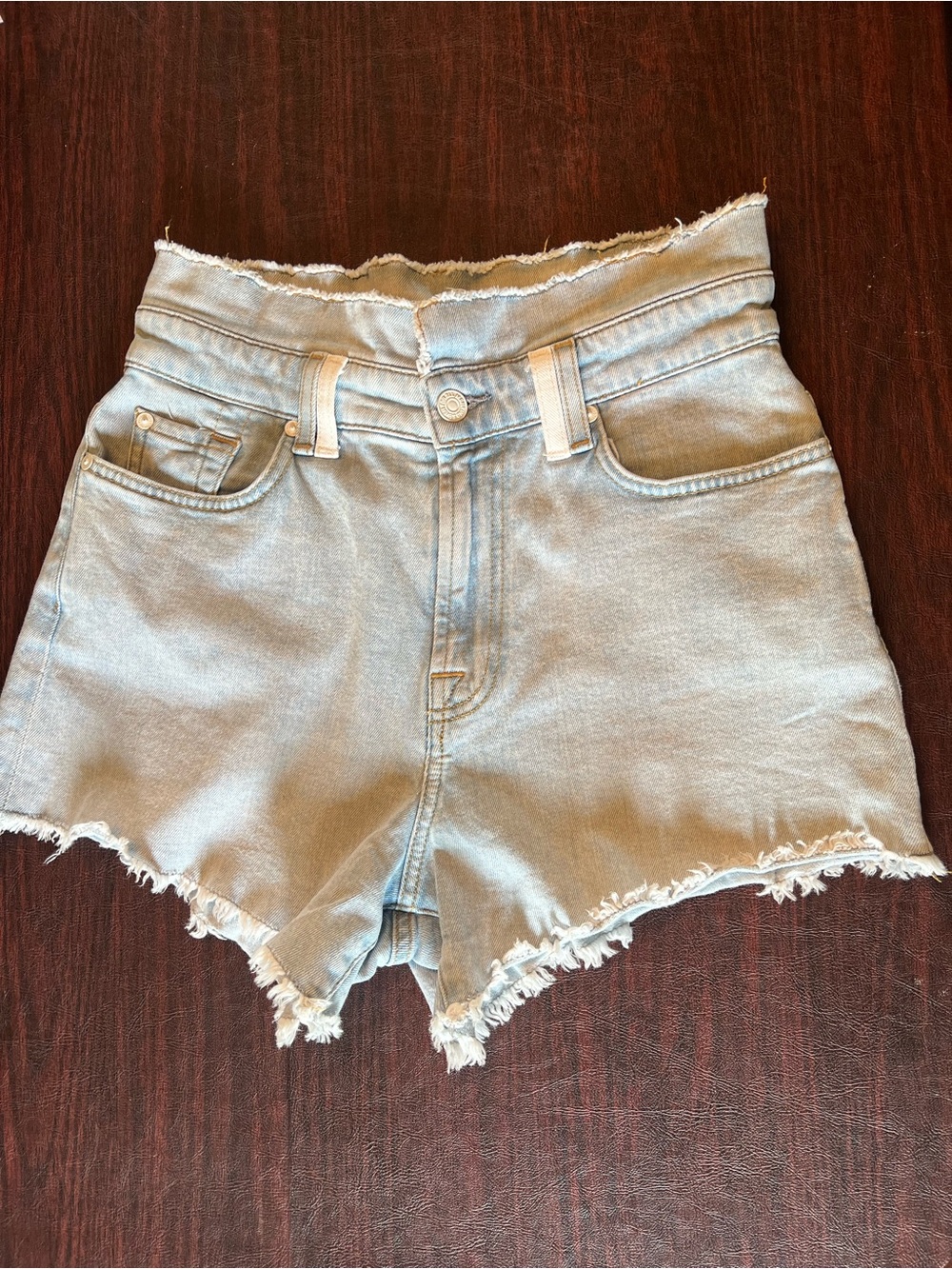 7 For All Mankind High-Waist Frayed Hem Light Wash Shorts